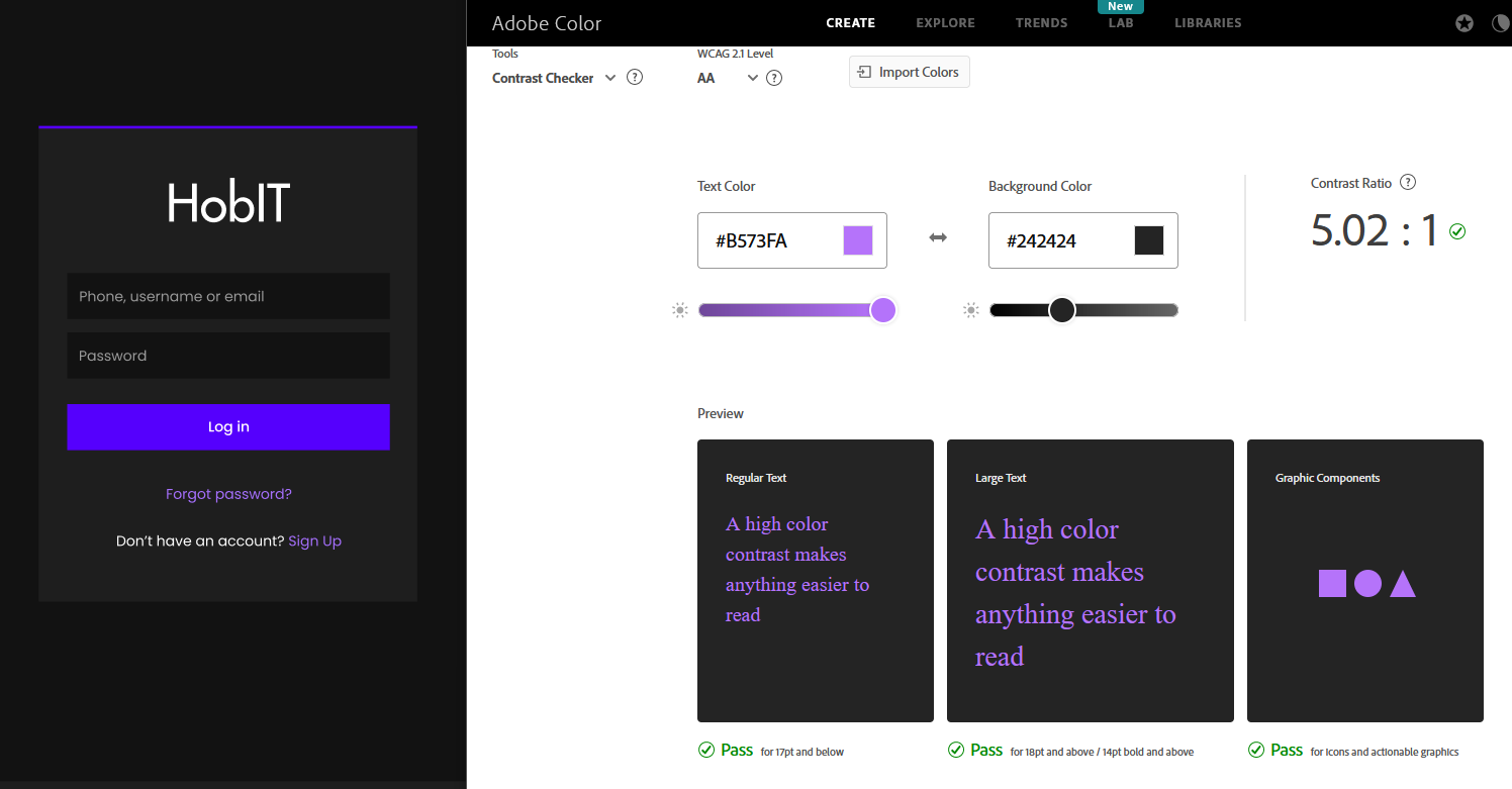 Image showing the use of Adobe Color to check text to background contrast.